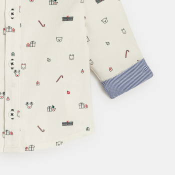 قميص مخملي بتضليعة قصيرة مطبّع، أبيض، ولادي رُضع